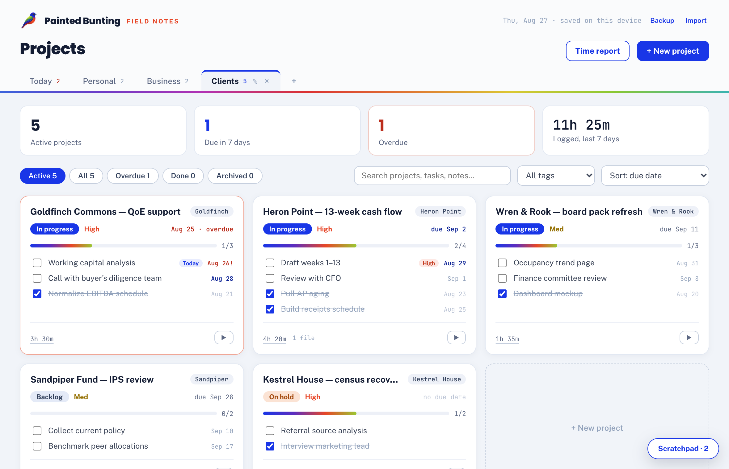 Field Notes — project tracker dashboard with client cards, tasks, and time tracking